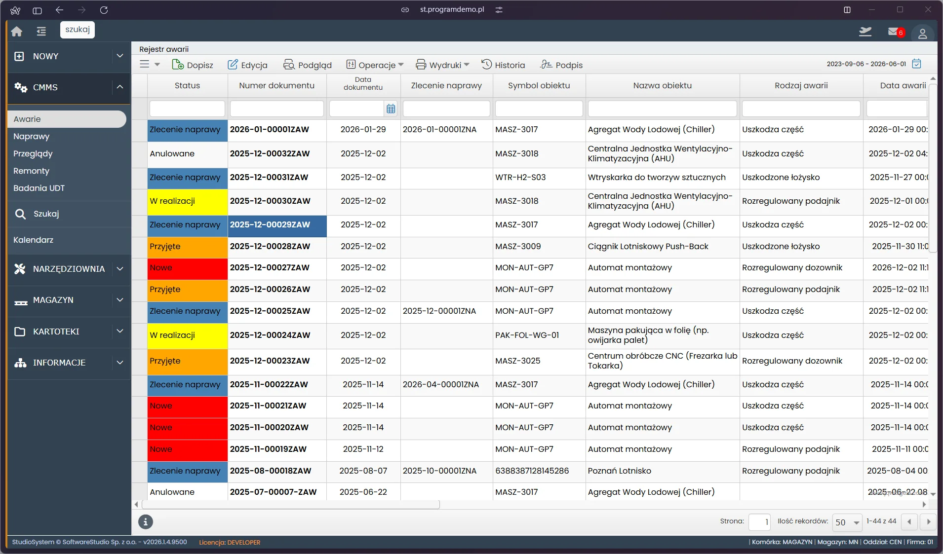 Lista zgłoszeń awarii w module CMMS TCS.net z kolorowymi statusami