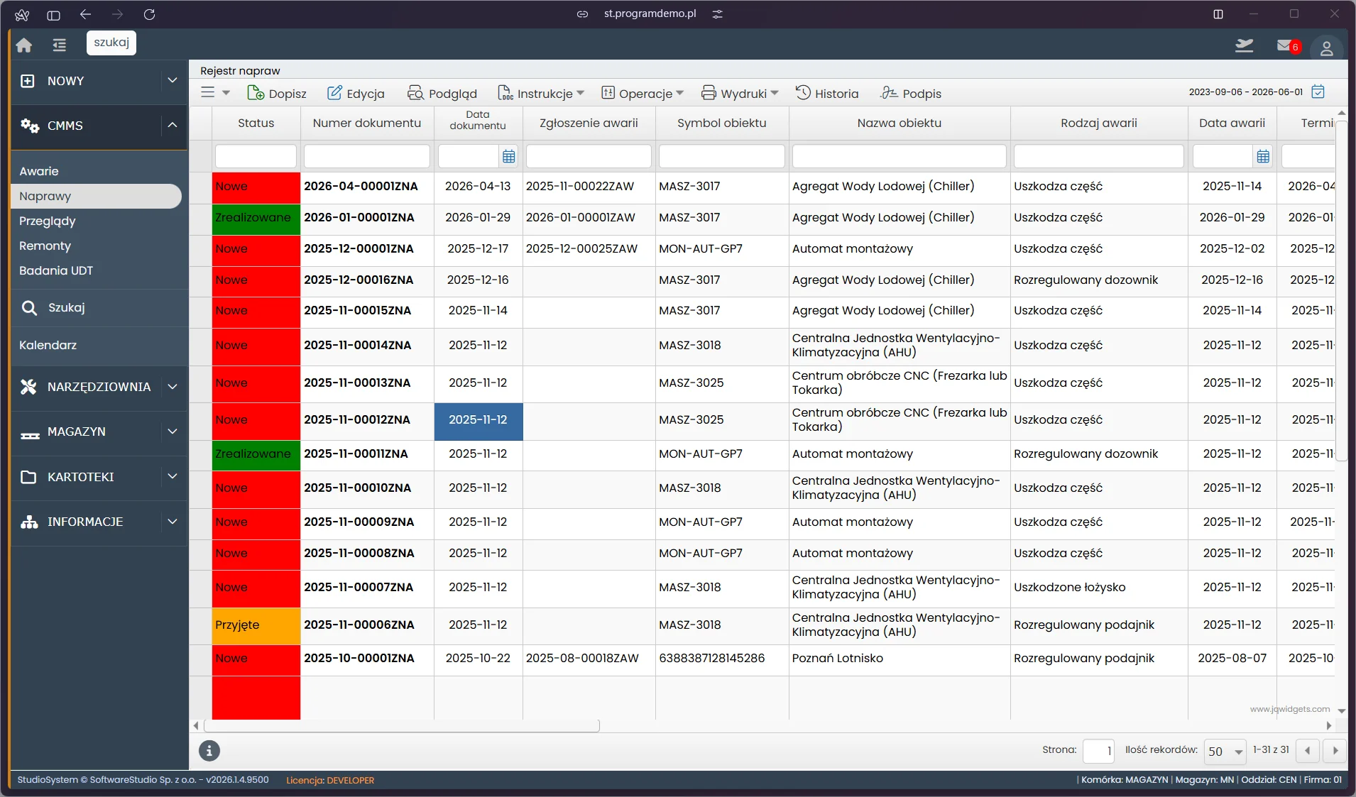 Lista zleceń napraw w module CMMS TCS.net z filtrami i statusami