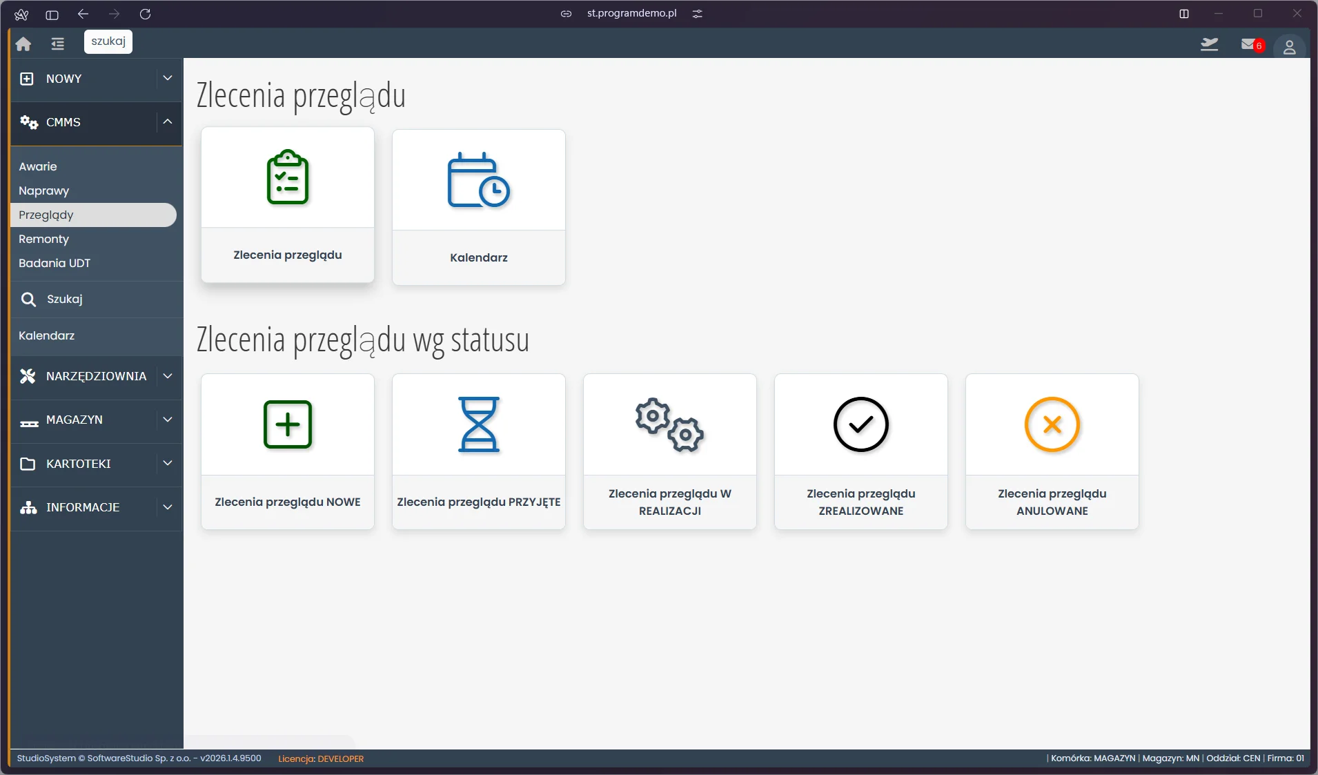 Widok startowy modułu Przeglądy CMMS w TCS.net z podziałem na statusy