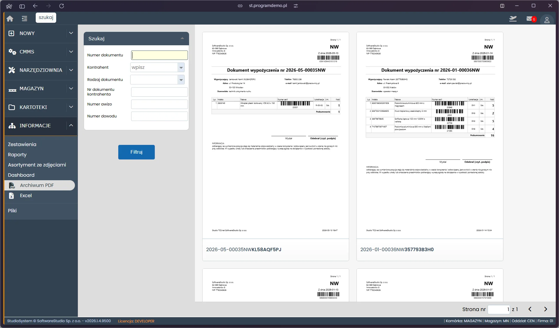 Archiwum PDF dokumentów wypożyczeń narzędzi w systemie TCS.net
