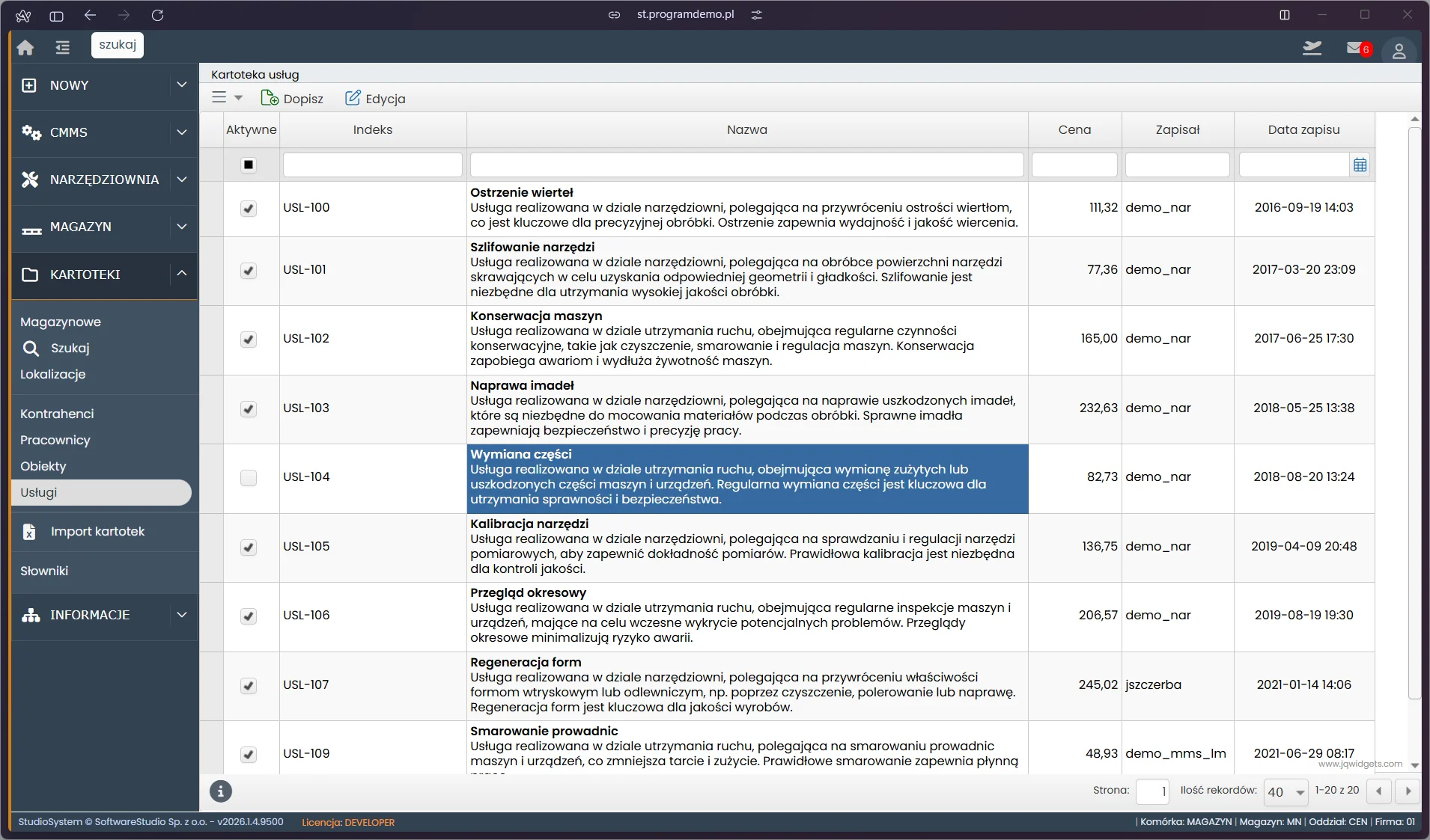 Lista kartoteki usług serwisowych narzędzi w systemie TCS.net
