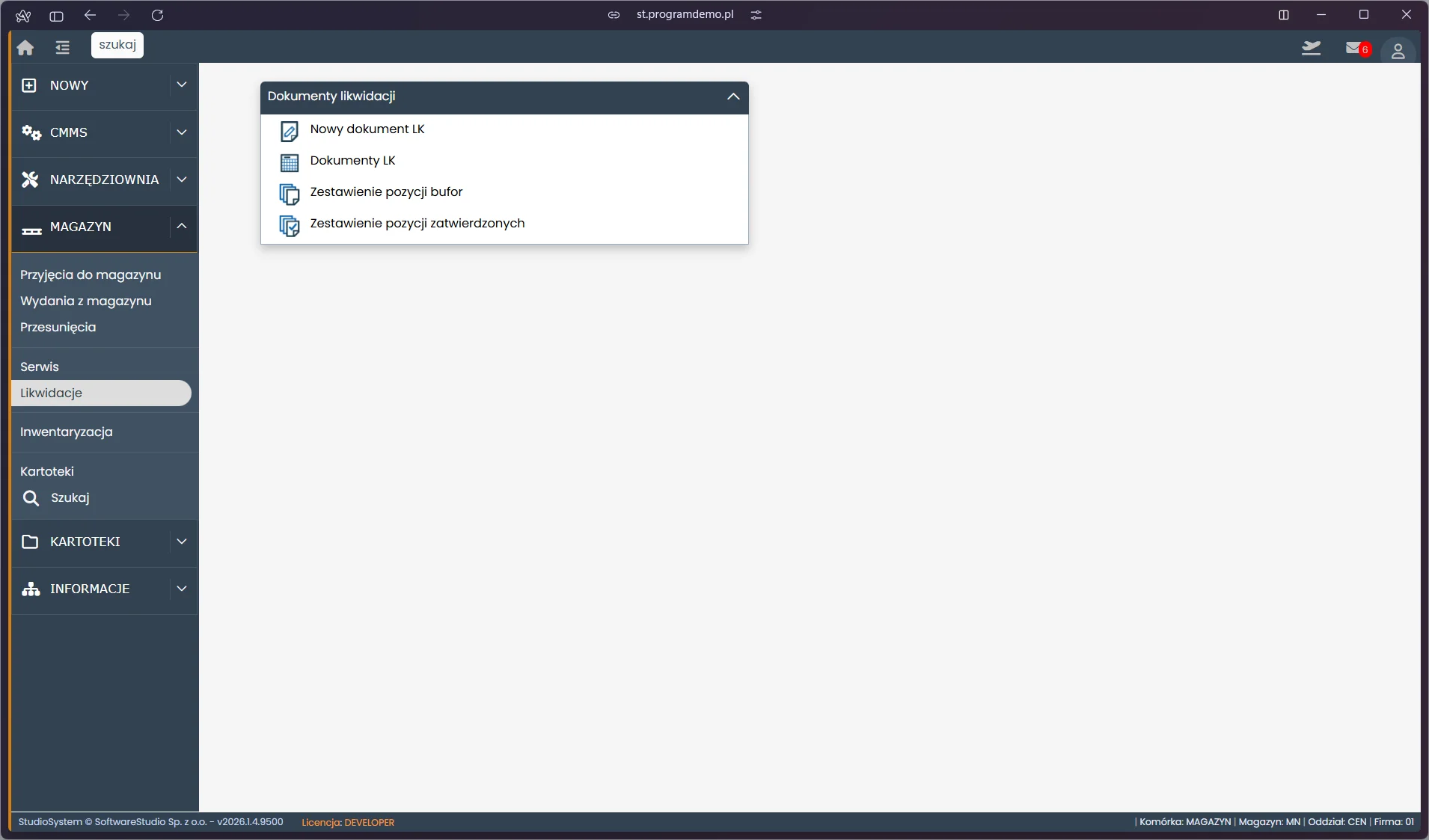 Menu dokumentów likwidacji narzędzi (LK) w module Magazyn TCS.net