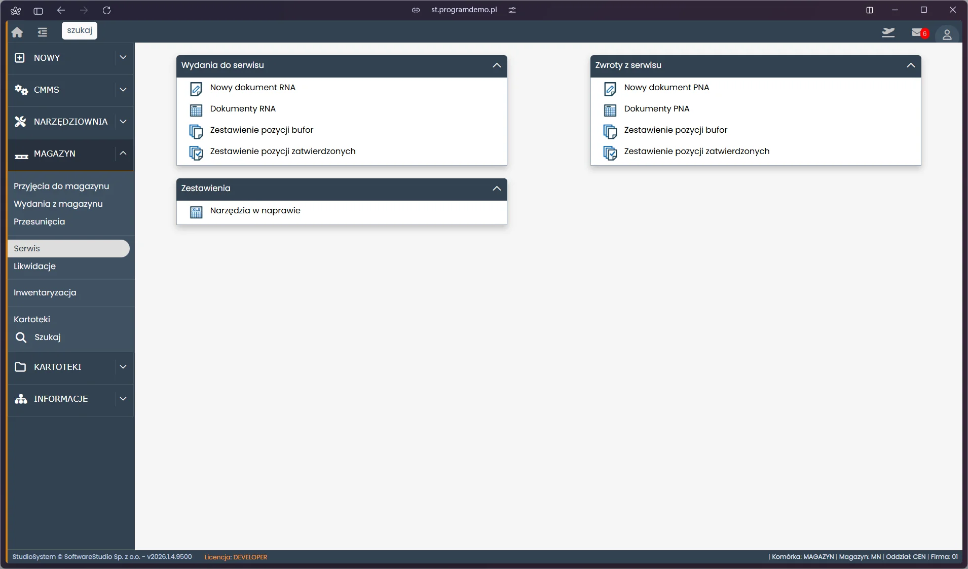 Menu dokumentów serwisowych RNA i PNA w module Magazyn TCS.net