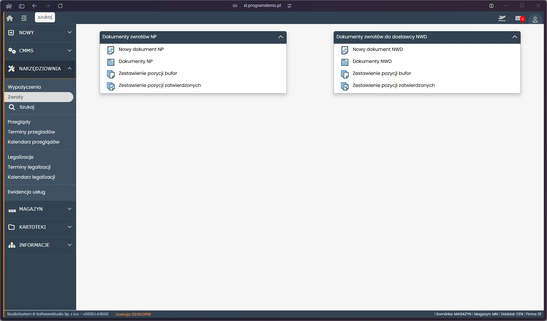 Menu dokumentów zwrotów narzędzi NP i NWD w module Narzędziownia TCS.net