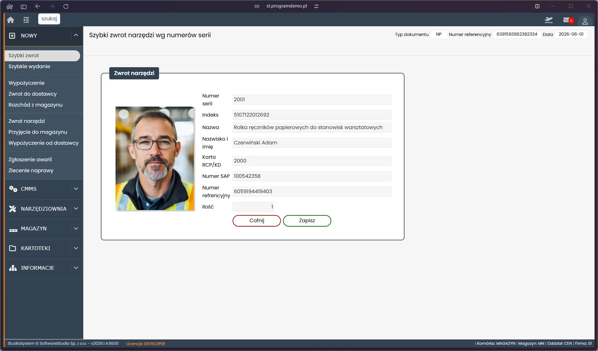 Karta pracownika w module szybkiego zwrotu narzędzi TCS.net