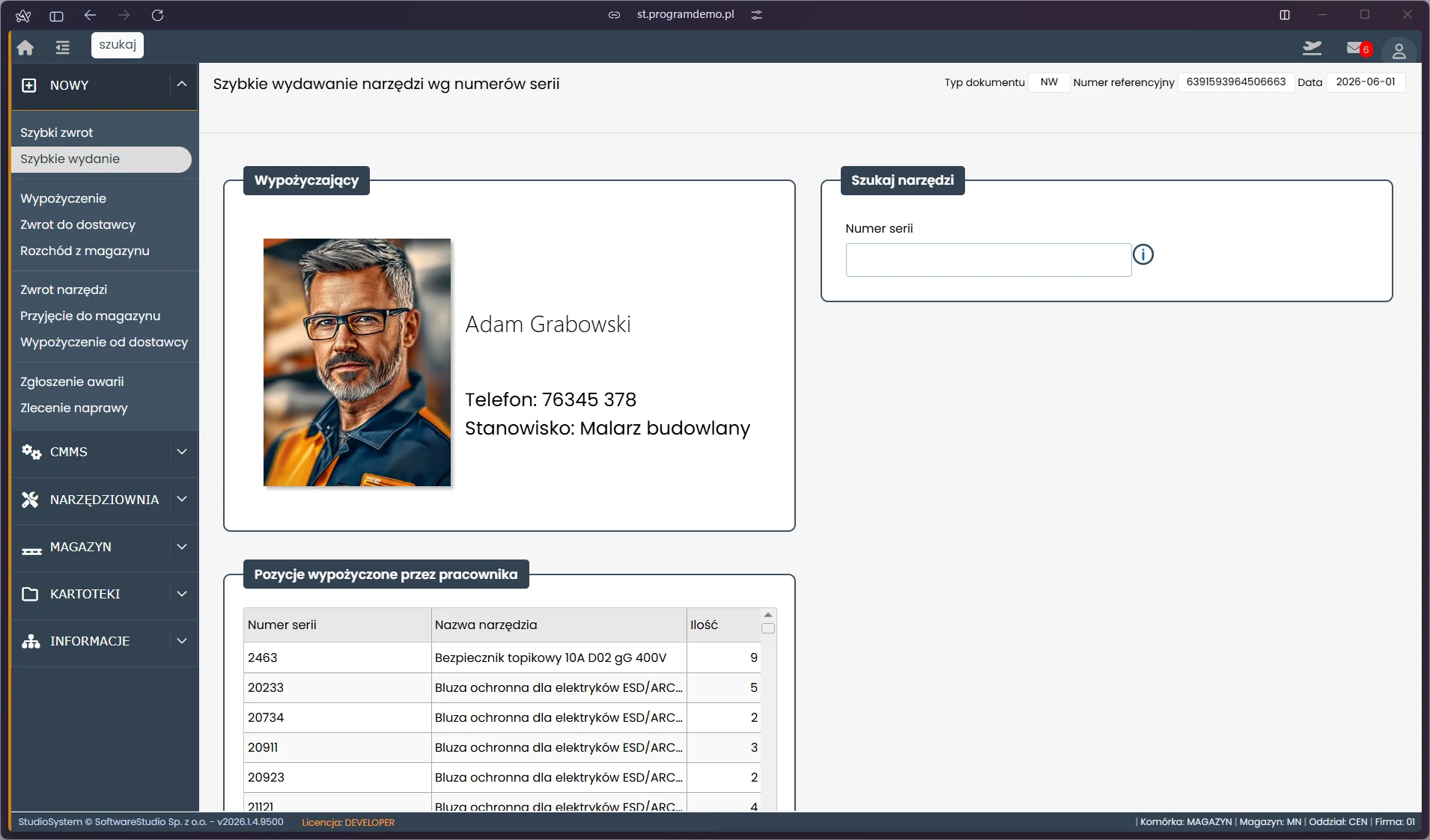 Karta pracownika z historią wypożyczeń w module szybkiego wydania narzędzi TCS.net