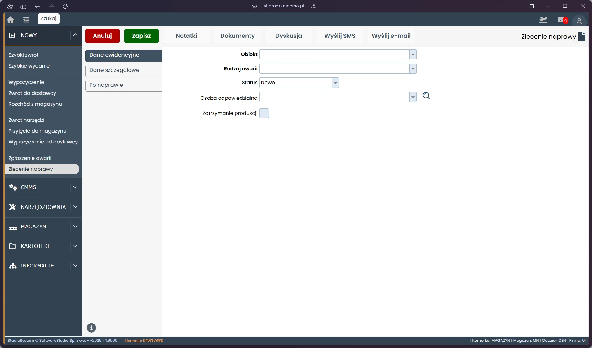 Formularz nowego zlecenia naprawy w module CMMS TCS.net